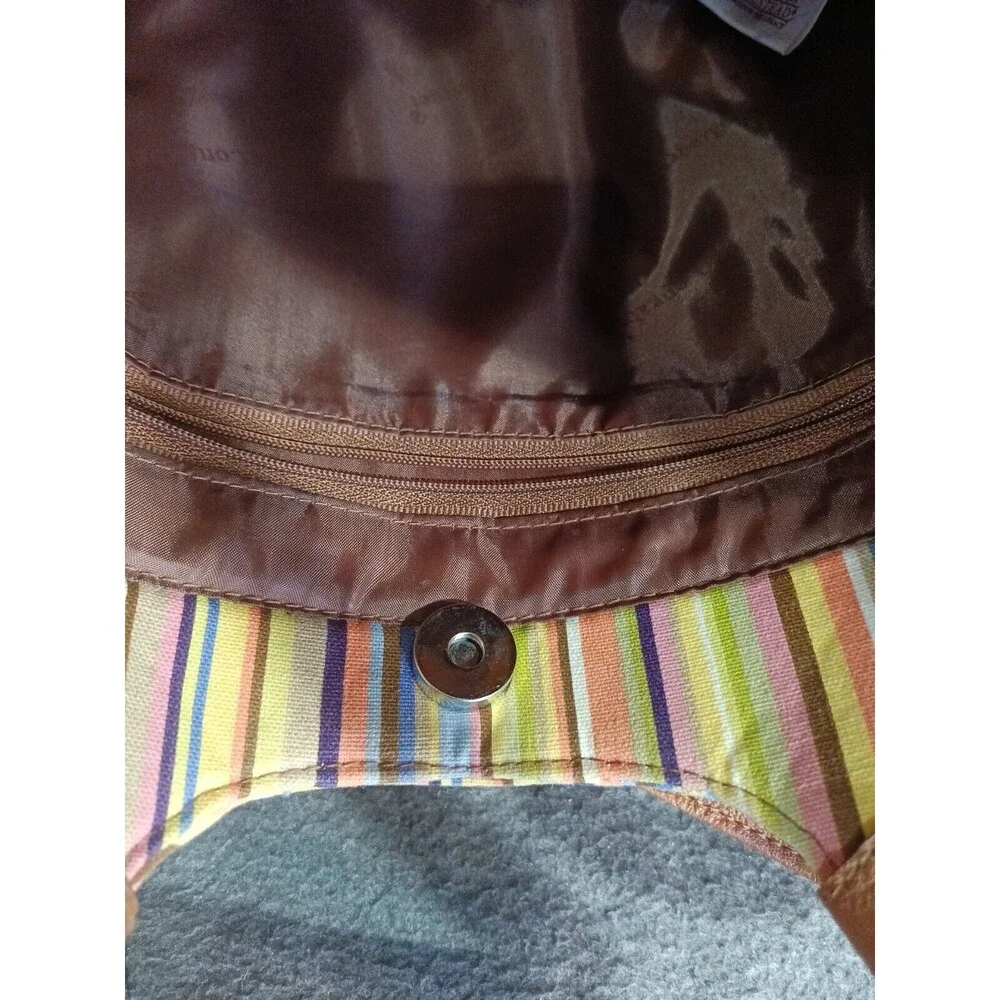 Longaberger Tote Bag Multicolor Stiped Brown Leather Handles and Bottom Pockets